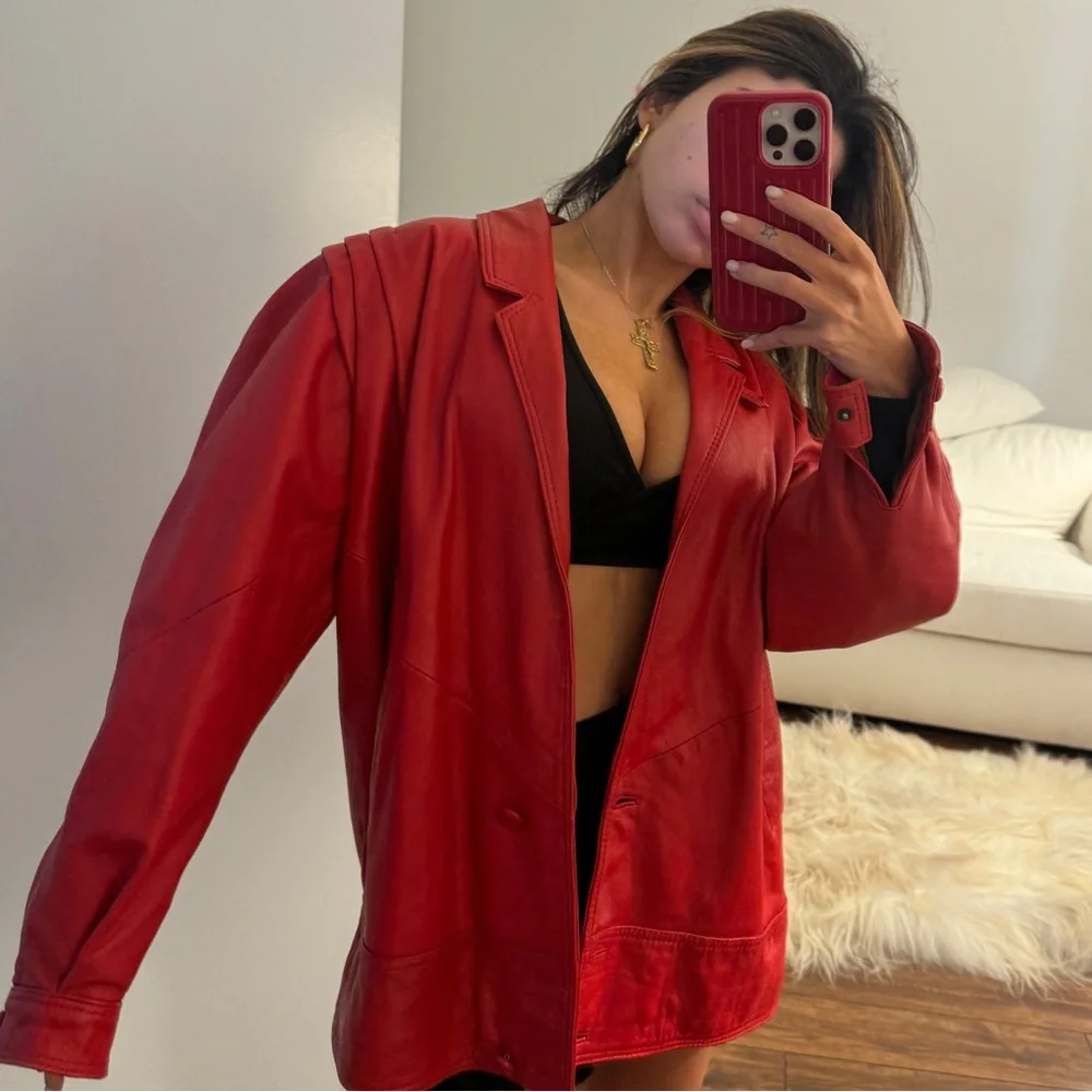 vintage red leather european moto oversized jacket